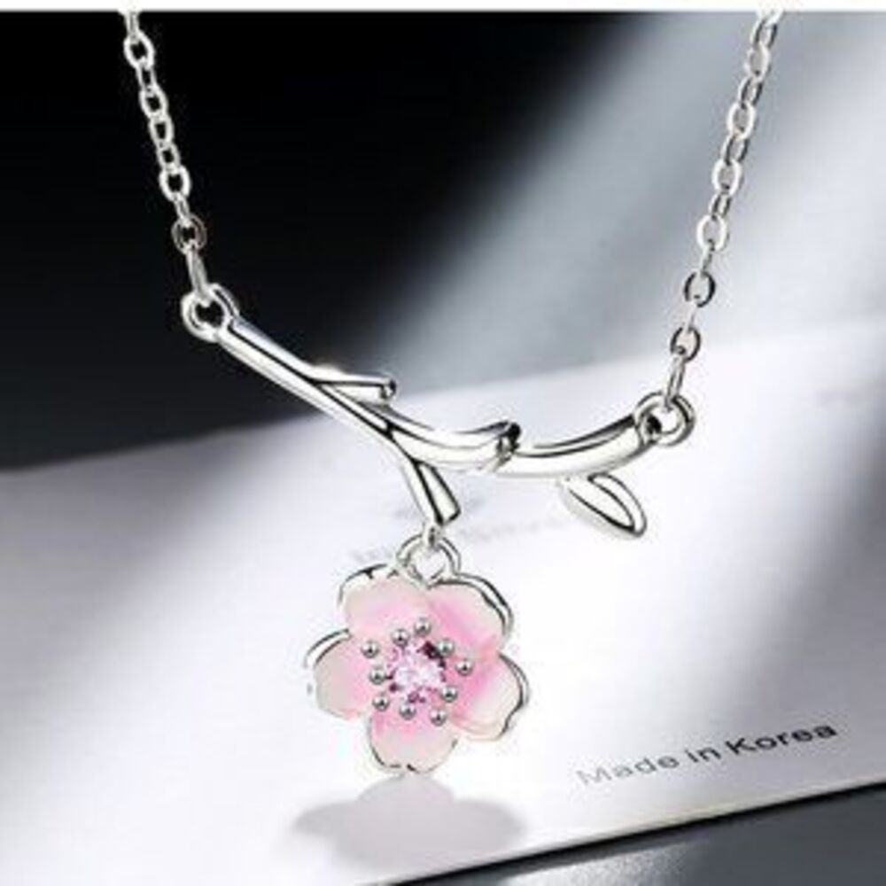 #NEW 925 Sterling Silver Pink White Diamond Cherry Blossom Leaf Branch Necklace